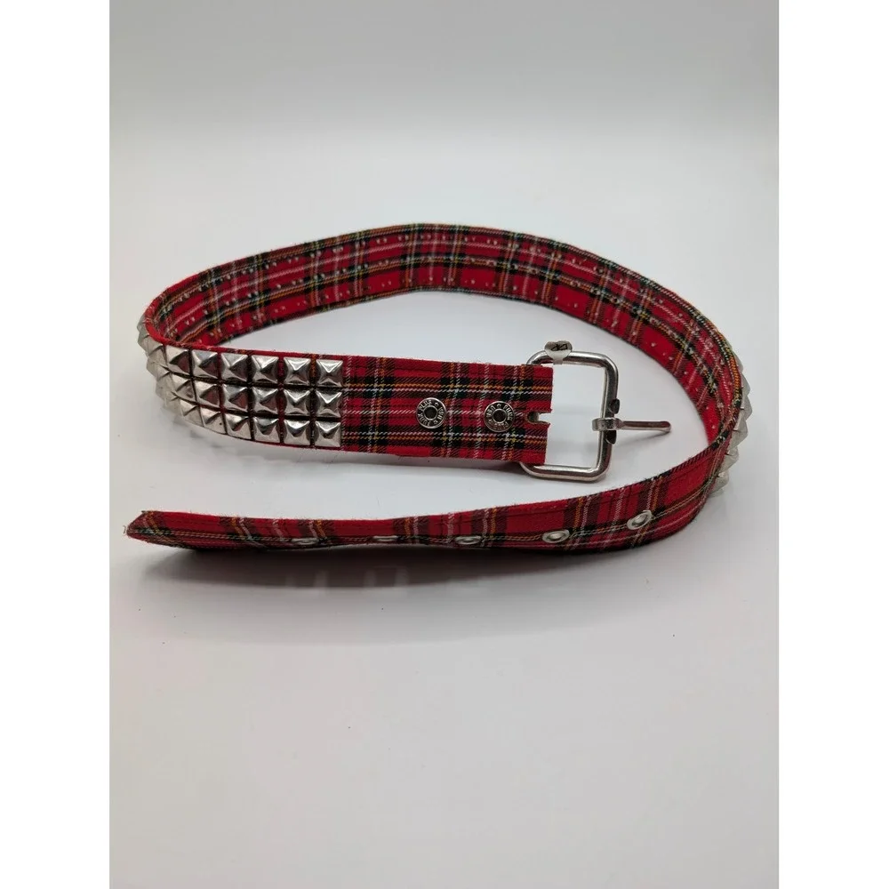 Funk Plus Red Plaid Tartan Triple Row Pyramid Stud Belt Made in USA Punk Small
